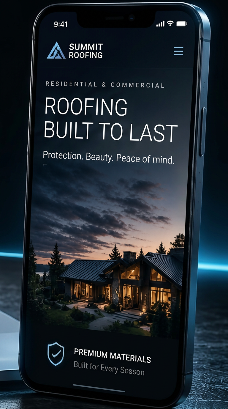 MROKX roofing website concept shown on a phone