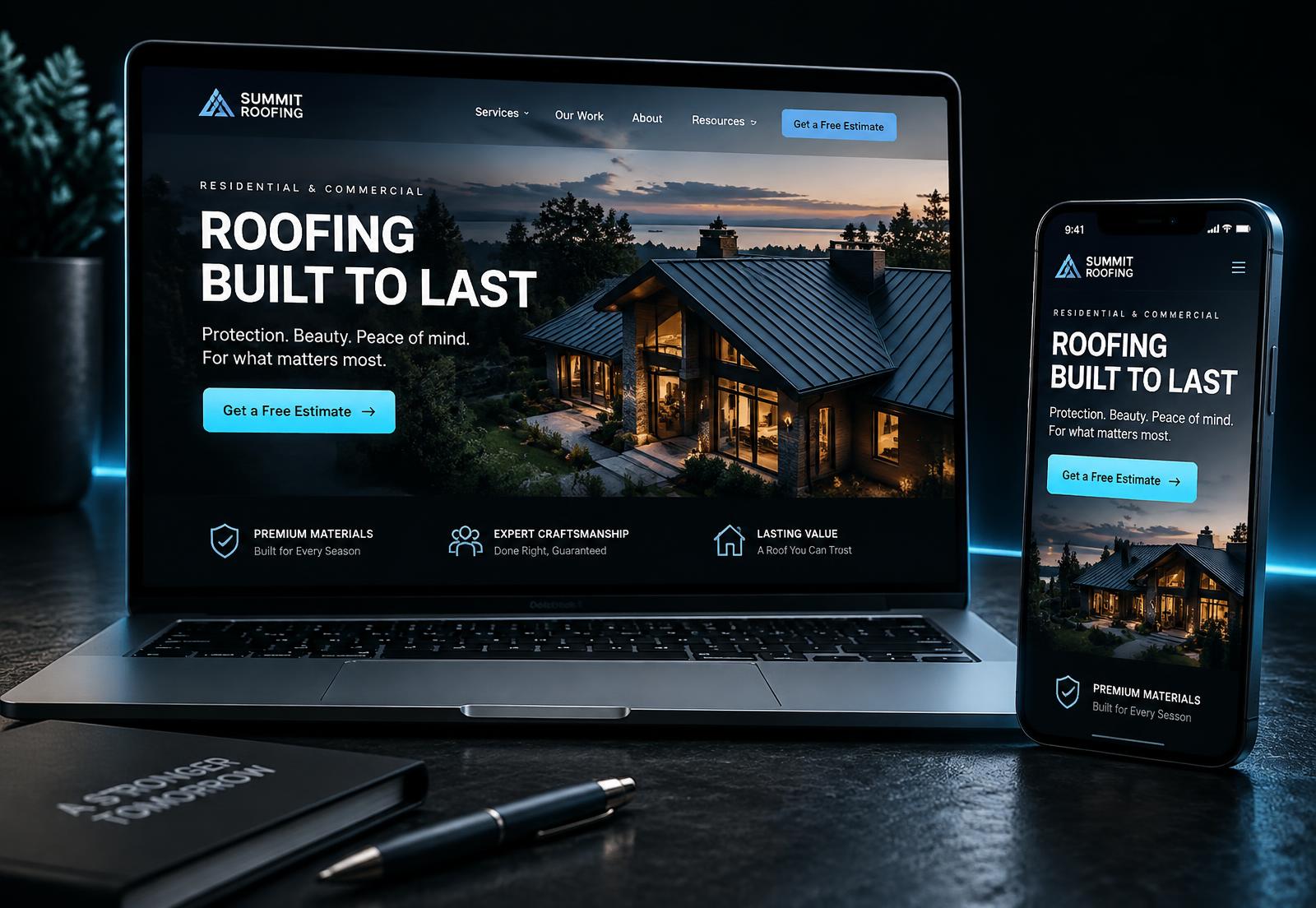 MROKX roofing website concept on laptop and phone